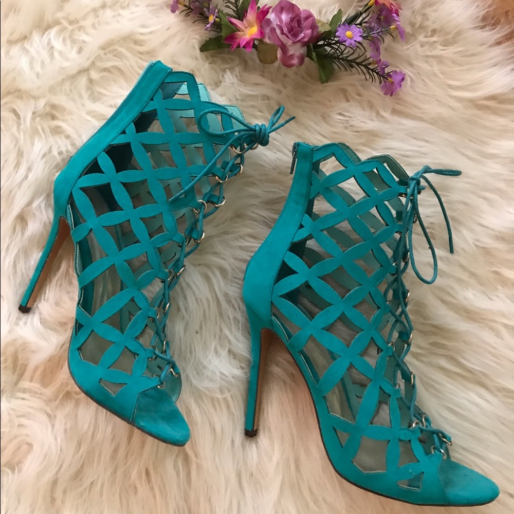 Turquoise Caged Heels